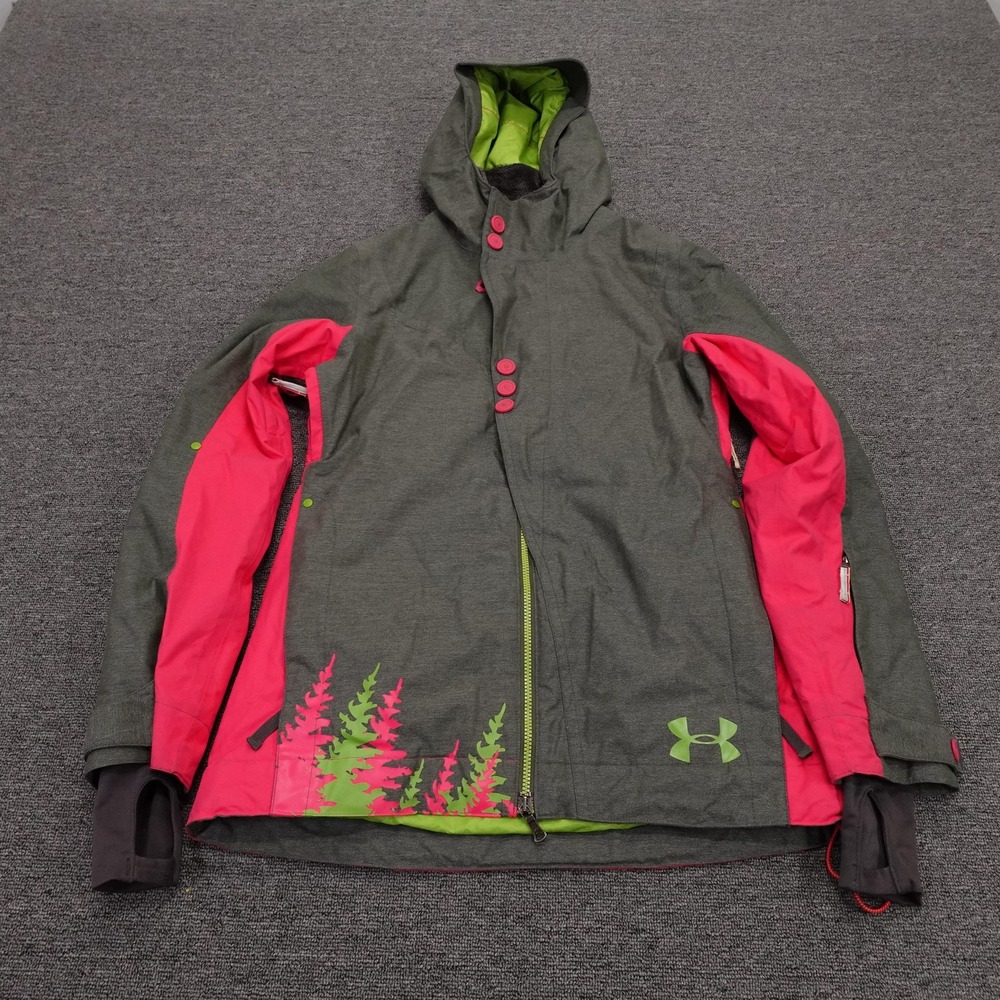 Under Armour Ski Jacket Womens Small Gray Pink Hooded Insulated RECCO Full Zip